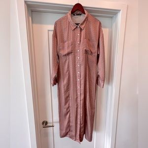 Blush Pink with Floral Pattern, Satin-like Collared Shirt Dress